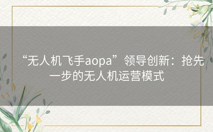 “无人机飞手aopa”领导创新:抢先一步的无人机运营模式 “无人机飞手aopa”领导创新:抢先一步的无人机运营模式