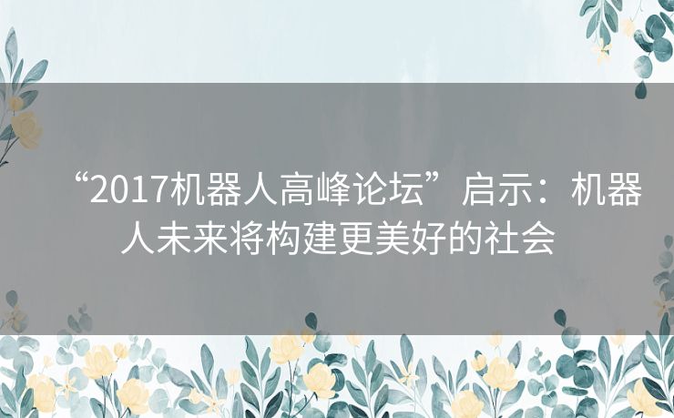 “2017机器人高峰论坛”启示:机器人未来将构建更美好的社会 “2017机器人高峰论坛”启示:机器人未来将构建更美好的社会